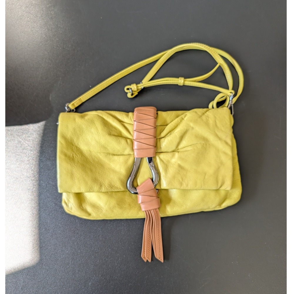 Halston Heritage Citron Leather Crossbody Bag Stirrup Tassel Accent